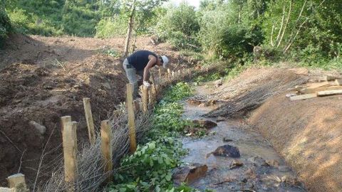 Mise en place de fascines végétales dans un chantier abordé en génie écologique.©La Compagnie des Forestiers